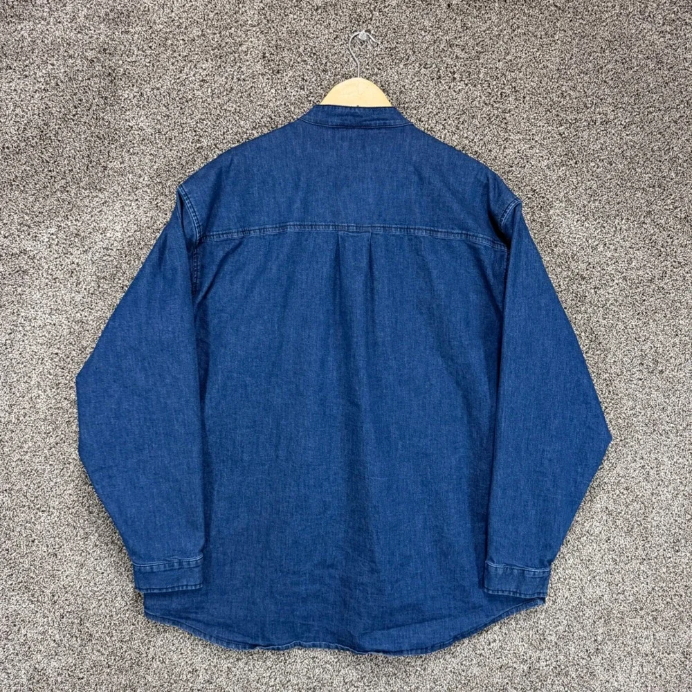 True Religion Denim Shirt Mens 2XL Blue Western Band Collar Pockets Long Sleeve